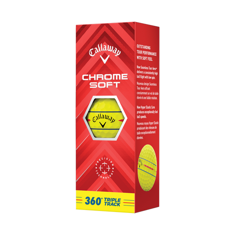 A red and yellow Callaway 2024 Chrome Soft 360° Triple Track Golf Balls box features a hexagonal window displaying a yellow ball with alignment markings and prominent Callaway branding on the front.