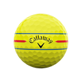 The Callaway 2024 Chrome Soft 360° Triple Track Golf Ball in yellow features a dimpled surface, red and blue alignment lines circling the ball, and the Callaway logo in black.