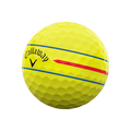 A yellow Callaway 2024 Chrome Soft 360° Triple Track golf ball featuring two blue lines, one red line for alignment, and the Callaway logo with a stylized “V” on its surface.