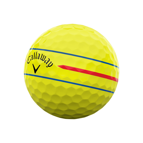 A yellow Callaway 2024 Chrome Soft 360° Triple Track golf ball featuring two blue lines, one red line for alignment, and the Callaway logo with a stylized “V” on its surface.