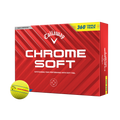 A box of Callaway 2024 Chrome Soft 360° Triple Track Golf Balls (Yellow) by Callaway, with a yellow ball featuring blue and red alignment stripes in front. The red box and white text showcase advanced alignment technology.