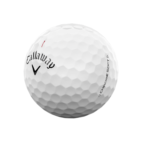 White Callaway Chrome Soft golf ball angled to show the Chrome Soft side stamp