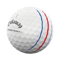 The Callaway 2024 Chrome Tour X Triple Track Golf Ball is white with black branding and three curved alignment lines—two red, one blue—on its dimpled surface, engineered for precise alignment and tour-level performance.
