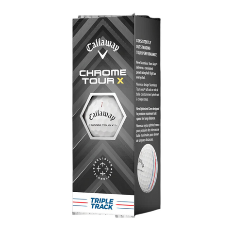 The black and silver Callaway 2024 Chrome Tour X Triple Track Golf Balls box features a golf ball image, hexagonal window, Triple Track red and blue lines, and text highlighting tour-level performance.