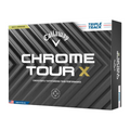 A box of Callaway 2024 Chrome Tour X Triple Track Golf Balls features a black and gray geometric design, “Triple Track” branding, and “Consistently Outstanding Tour Performance” text for true tour-level play.