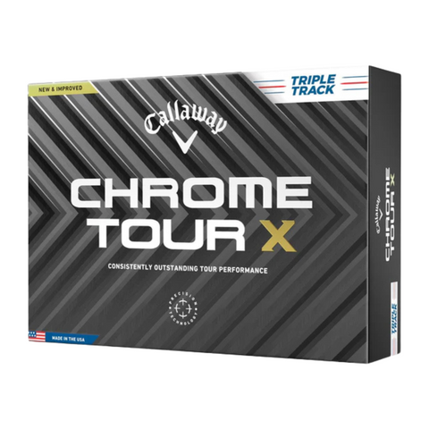 A box of Callaway 2024 Chrome Tour X Triple Track Golf Balls features a black and gray geometric design, “Triple Track” branding, and “Consistently Outstanding Tour Performance” text for true tour-level play.