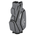 The Callaway 2024 ORG 14 Cart Bag in Charcoal/Hounds/Heather Charcoal stands upright, featuring multiple zippered compartments and stylish black accents.