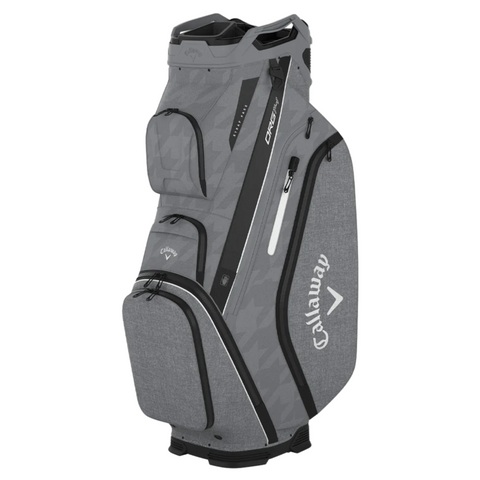 The Callaway 2024 ORG 14 Cart Bag in Charcoal/Hounds/Heather Charcoal stands upright, featuring multiple zippered compartments and stylish black accents.