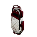 A Callaway 2024 ORG 14 Cart Bag in White/Cardinal, featuring multiple zippered compartments and a carrying handle, stands upright against a white background.
