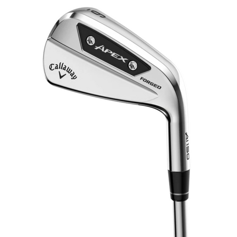 A close-up of the Callaway 2025 Apex Ai150 Mens Irons Set (4–PW) by golf360nz, showcasing a sleek silver clubhead with black accents and branding—crafted to provide exceptional forgiveness for golfers.