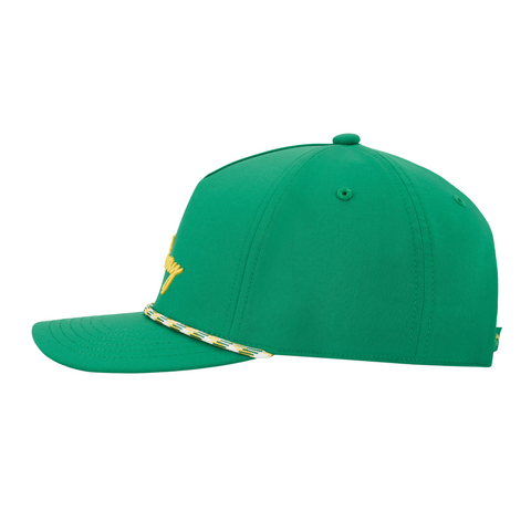 The Callaway 2025 Birdie Putt Cap is shown in side profile, featuring a yellow embroidered front design, a yellow and white cord above the brim, and an adjustable fit with a moisture-wicking sweatband for comfort.