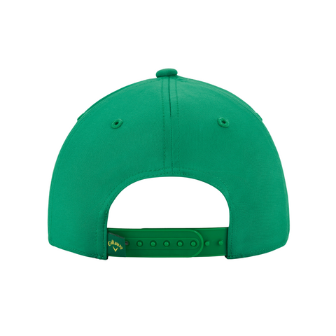 Back view of the green Callaway Golf 2025 Birdie Putt Cap featuring an adjustable snapback, moisture-wicking sweatband, and a small yellow logo on the left strap.