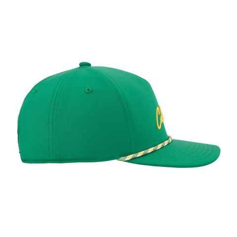 The Callaway Golf 2025 Birdie Putt Cap is a vibrant green hat with yellow embroidered front text, a yellow and white rope detail, and a moisture-wicking sweatband, shown in side profile against a white background.