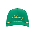The Callaway Golf 2025 Birdie Putt Cap is a green adjustable hat with yellow front embroidery, a multicolored braided band above the brim, and a moisture-wicking sweatband for comfort on the course.