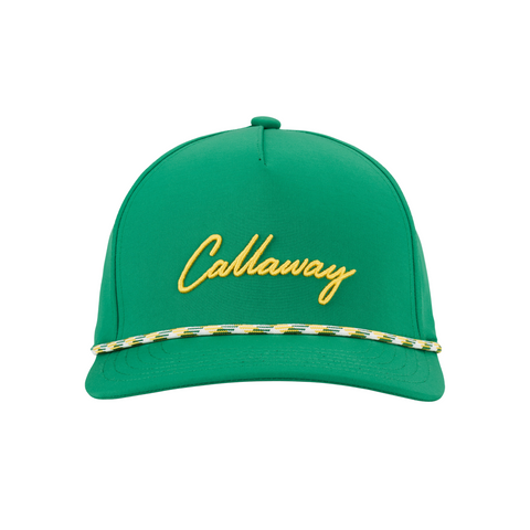 The Callaway Golf 2025 Birdie Putt Cap is a green adjustable hat with yellow front embroidery, a multicolored braided band above the brim, and a moisture-wicking sweatband for comfort on the course.