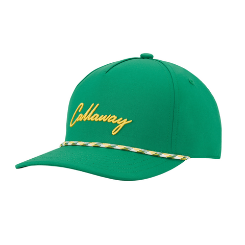 The Callaway Golf 2025 Birdie Putt Cap is a green hat with yellow script, a green, yellow, and white braided rope above the brim, and a moisture-wicking sweatband to keep you cool.