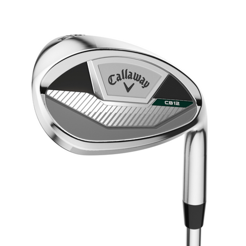 Close-up of a Callaway 2025 CB 12 Chrome Wedge, highlighting its metallic cavity back with black, silver, and green accents and the Callaway logo in the center.