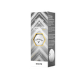 A box of Callaway 2025 Chrome Tour Triple Diamond Golf Balls features a hexagonal window showing a ball inside. The gray, white, and gold packaging displays the Callaway brand, product details, and tour-level control highlights.