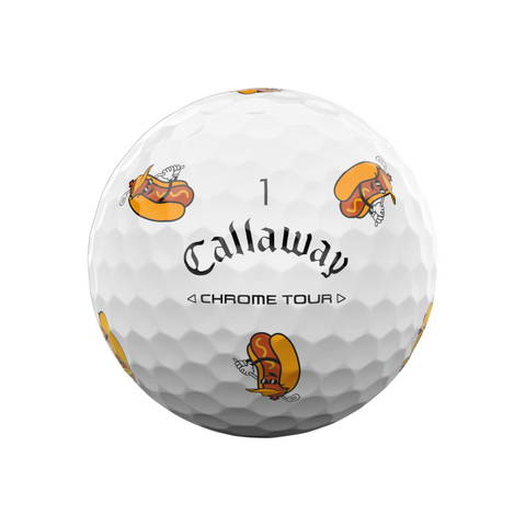 The Callaway 2025 Chrome Tour Turnbox Golf Ball by Callaway features a white surface with the number 1 and playful hot dog illustrations—ideal for fans of fun, snack-themed golf accessories.