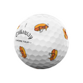 The Callaway 2025 Chrome Tour Turnbox Golf Ball features whimsical, cartoon-style hot dog prints—an ideal choice for fans of snack-themed golf balls.