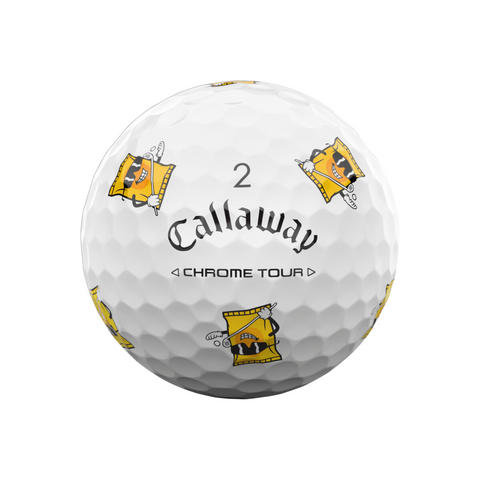 A white Callaway 2025 Chrome Tour Turnbox Golf Ball with a black logo, number 2, and fun yellow cartoon cheese wedge characters in sunglasses holding golf clubs—ideal for snack-themed golf ball fans seeking elite tour performance.