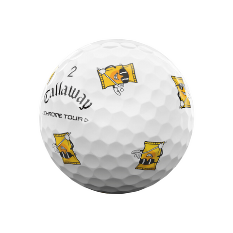 A white Callaway 2025 Chrome Tour Turnbox golf ball with the number 2 and yellow cartoon film reel characters—ideal for fans of snack-themed designs who want tour-level performance from Callaway.