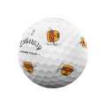The Callaway 2025 Chrome Tour Turnbox Golf Ball features a white design with a cartoon cheeseburger in sunglasses holding a golf club, adding fun and personality for snack-loving golfers who want tour-level performance.