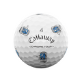 The Callaway 2025 Chrome Tour Turnbox Golf Ball features a white finish, number 4, and fun blue cartoon can graphics—perfect for fans of snack-themed designs.