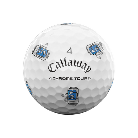 The Callaway 2025 Chrome Tour Turnbox Golf Ball features a white finish, number 4, and fun blue cartoon can graphics—perfect for fans of snack-themed designs.
