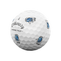 The Callaway 2025 Chrome Tour Turnbox Golf Ball (number 4) features playful blue and white golf bag graphics, perfect for fans of tour-level performance by Callaway.