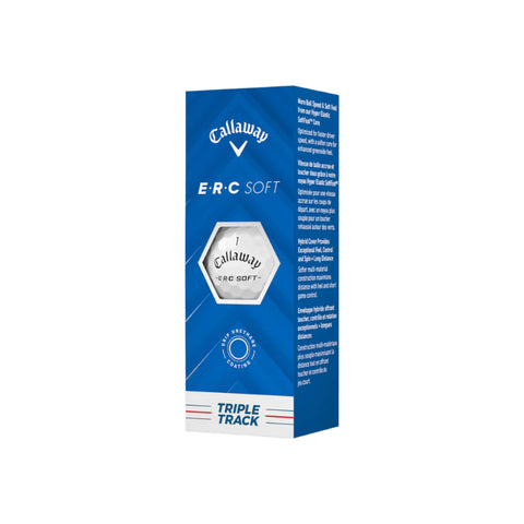 Blue and white Callaway 2025 ERC Soft Triple Track Golf Balls box with a hexagonal window showing the balls, bold Triple Track alignment branding at the bottom, and product details on the side.