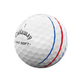 A white Callaway 2025 ERC Soft Triple Track Golf Ball featuring black Callaway branding, blue and red Triple Track alignment lines, and ERC SOFT printed around the ball.