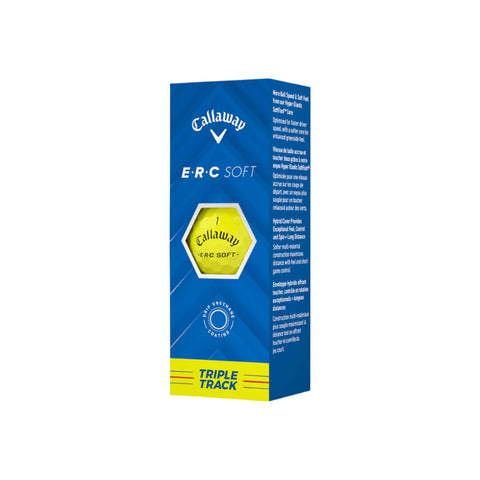 Callaway 2025 ERC Soft Triple Track Golf Balls - Yellow come in blue and yellow packaging with the Callaway logo, a visible yellow ball, and product details on the side.