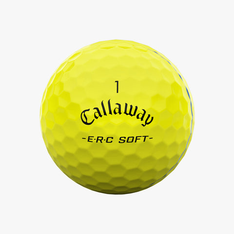 A Callaway 2025 ERC Soft Triple Track Golf Ball in bright yellow, numbered 1 and marked E•R•C SOFT on its dimpled surface, is displayed against a plain white background.