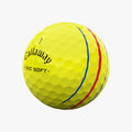 A Callaway 2025 ERC Soft Triple Track Golf Ball in yellow, featuring blue and red alignment lines and ERC Soft text, is shown on a white background.