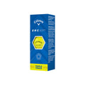 Callaway 2025 ERC Soft Triple Track Golf Balls - Yellow come in blue and yellow packaging with the Callaway logo, a visible yellow ball, and product details on the side.