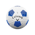 The Callaway 2025 ERC Soft Truvis Golf Ball is white with blue pentagonal and hexagonal patterns, features the Callaway logo and the number 1, and is known for its soft feel and long-distance performance.
