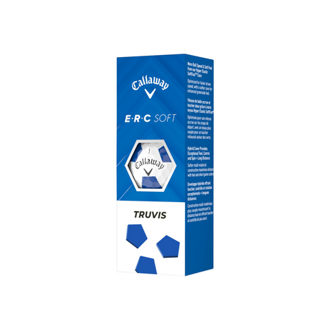The Callaway 2025 ERC Soft Truvis Golf Balls box features a hexagonal window showing the soft feel ball inside. The packaging highlights Truvis technology and long-distance performance on the side.