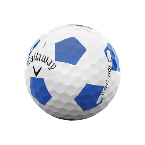 The Callaway 2025 ERC Soft Truvis Golf Ball features a white cover with blue pentagonal patterns, classic soccer ball design, ERC SOFT text, and Callaway logo, offering a soft feel and long-distance performance.