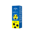 A blue Callaway 2025 ERC Soft Truvis Golf Balls box features white text, a hexagonal cutout displaying a yellow and black ball, and product details printed on the right side.