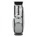 The Callaway 2025 Fairway+ Stand Bag in white and gray features a palm leaf pattern, black accents, and zippered pockets—ideal as a cart-compatible or carry golf bag—shown upright on a plain white background.