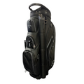 The black Callaway 2025 Forrester Cart Bag by Callaway features a 14-way top, multiple zippered pockets, mesh side panels, and a top handle, shown against a white background.