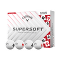 Callaway 2025 Limited Edition Supersoft Aces Golf Balls in white and red, featuring four balls with Ace logos. The box highlights Super Long, Super Straight, and Super Soft performance.