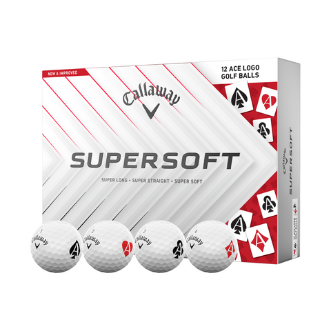 Callaway 2025 Limited Edition Supersoft Aces Golf Balls in white and red, featuring four balls with Ace logos. The box highlights Super Long, Super Straight, and Super Soft performance.