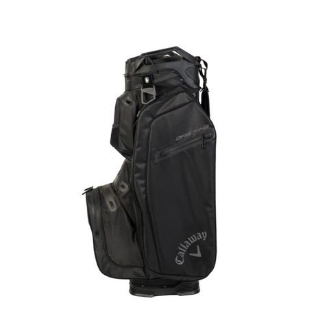 The black Callaway 2025 ORG 14 HD Cart Bag features multiple zippered compartments, a carrying handle, and waterproof design—ideal for any golfer.