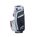 The Callaway 2025 ORG 14 HD Cart Bag in Black/Light Grey/Red features multiple zippered compartments, a sturdy base, and waterproof construction; shown on a white background.