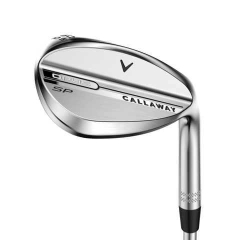 A close-up of the Callaway 2025 Opus SP Wedges | Chrome highlights the engraved Callaway brand, logo, CP.1 US and SP details, plus precise milled grooves on the chrome clubhead.
