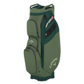 The Callaway 2025 Org 14 Cart Bag is a green golf cart bag featuring a 14-way top, several zippered pockets, and white Callaway logos on the front and side. The bag stands upright against a white background.