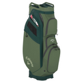 The Callaway 2025 Org 14 Cart Bag in green features a 14-way top, multiple zippered pockets, and ample storage for clubs and accessories. The Callaway logo appears in white on the side.
