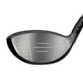 Close-up of the Callaway 2025 REVA Rise Womens Driver clubface, featuring horizontal grooves, alignment lines, and metallic finish with visible hosel—an ideal easy-launch driver for women golfers from Callaway.